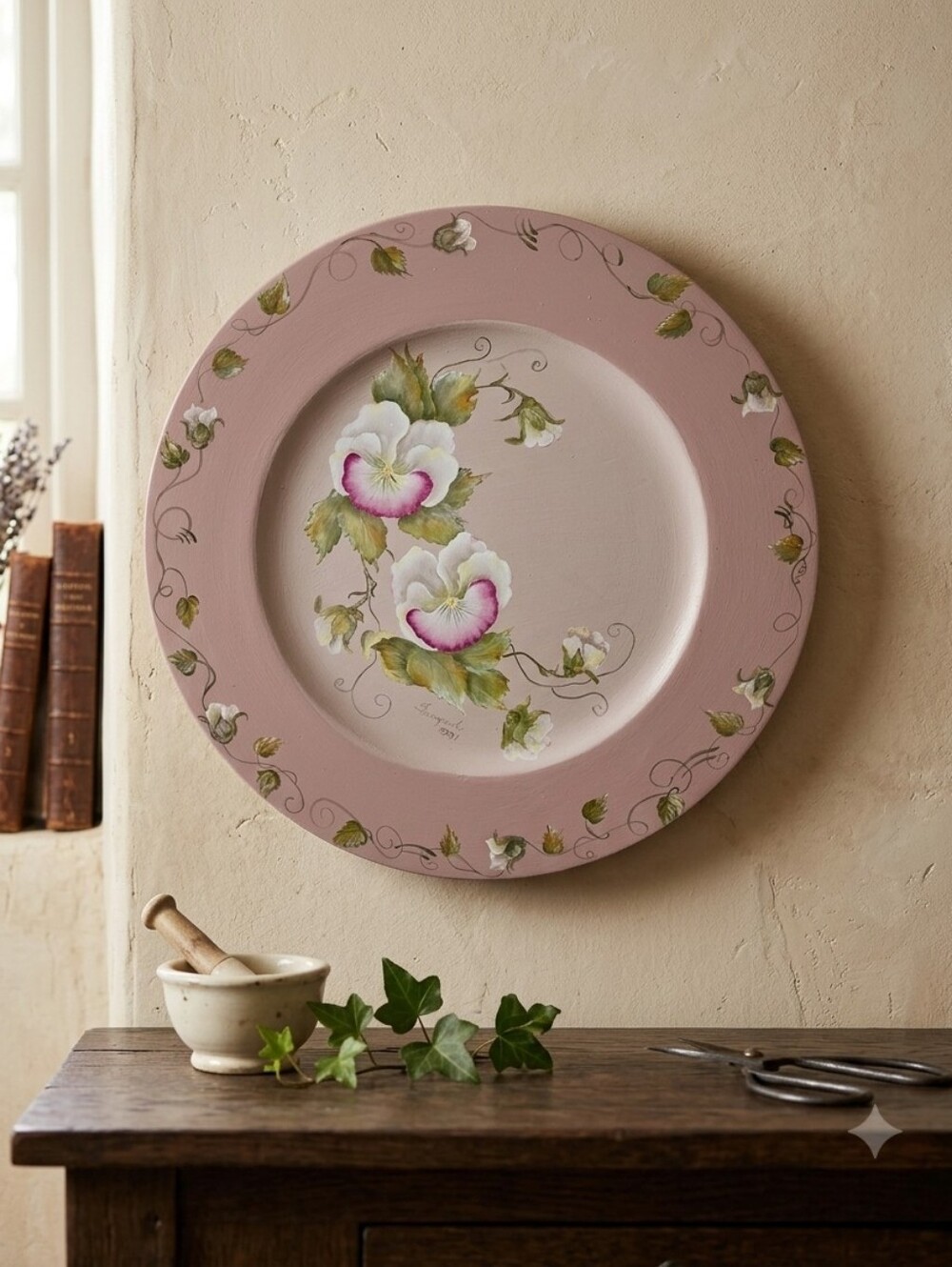 Vintage Wooden Handpainted Floral Decorative Wall Plate Pale Pink